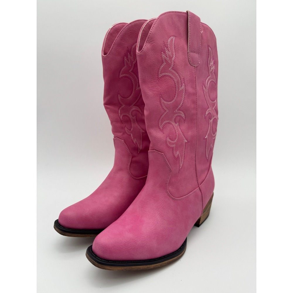 Women's Pink Cowboy Boots Size 7 Faux Leather Mid Calf Western Embroidered